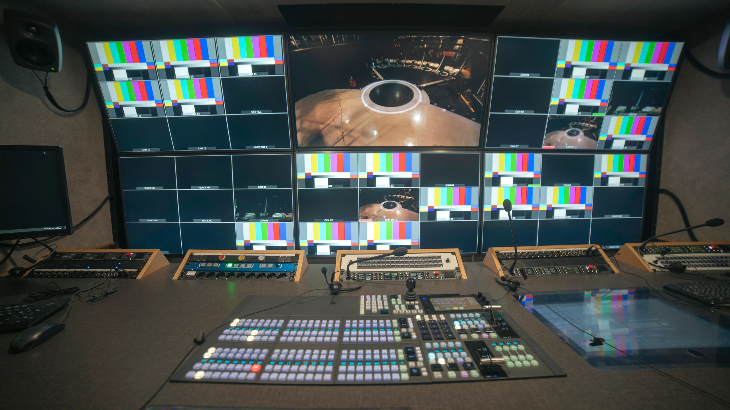 Professional video control room and post-production monitors