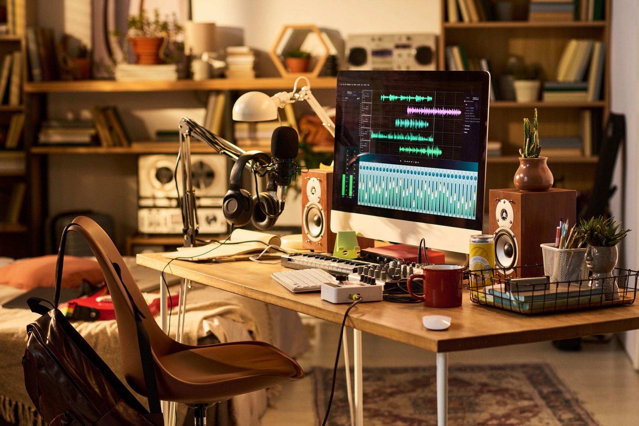 Editing workspace with monitors and audio production equipment